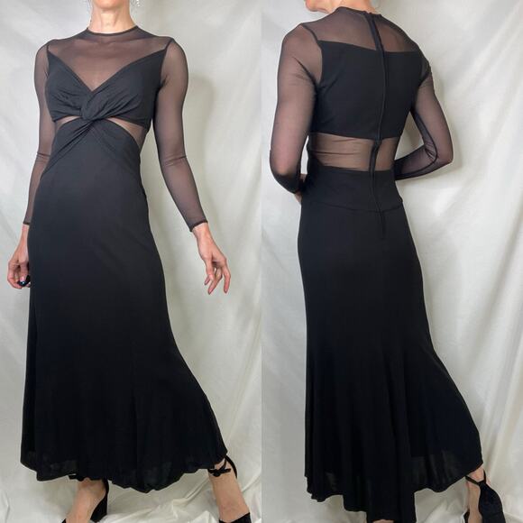 Cache Tadashi sheer illusion maxi dress vintage 90s Y2K mesh long sleeve gown S - Picture 11 of 14